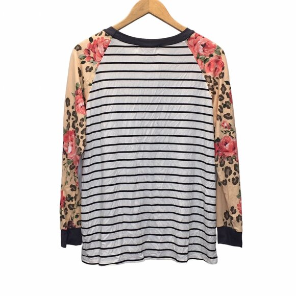 Striped Animal Floral Print Long Sleeve Shirt Women Small New Gray Peach - Picture 5 of 16